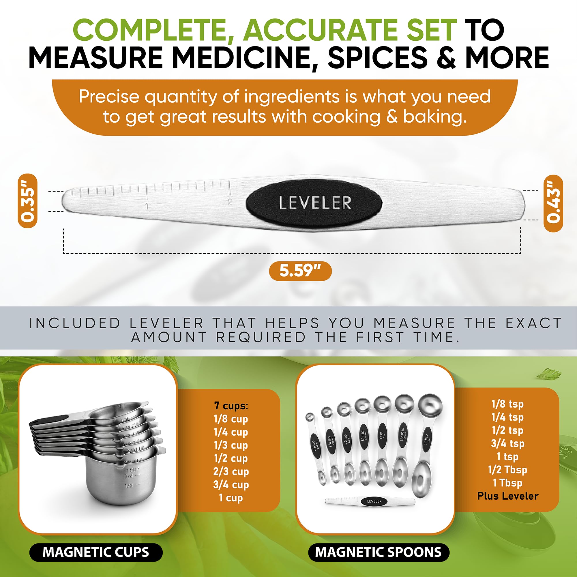 Spring Chef Magnetic Measuring Cups & Spoons Set (Patent Pending), Strong N45 Magnets, Heavy Duty Stainless Steel Fits in Spice Jars for Baking & Cooking, BPA Free, Round Set of 15 with Leveler, Black