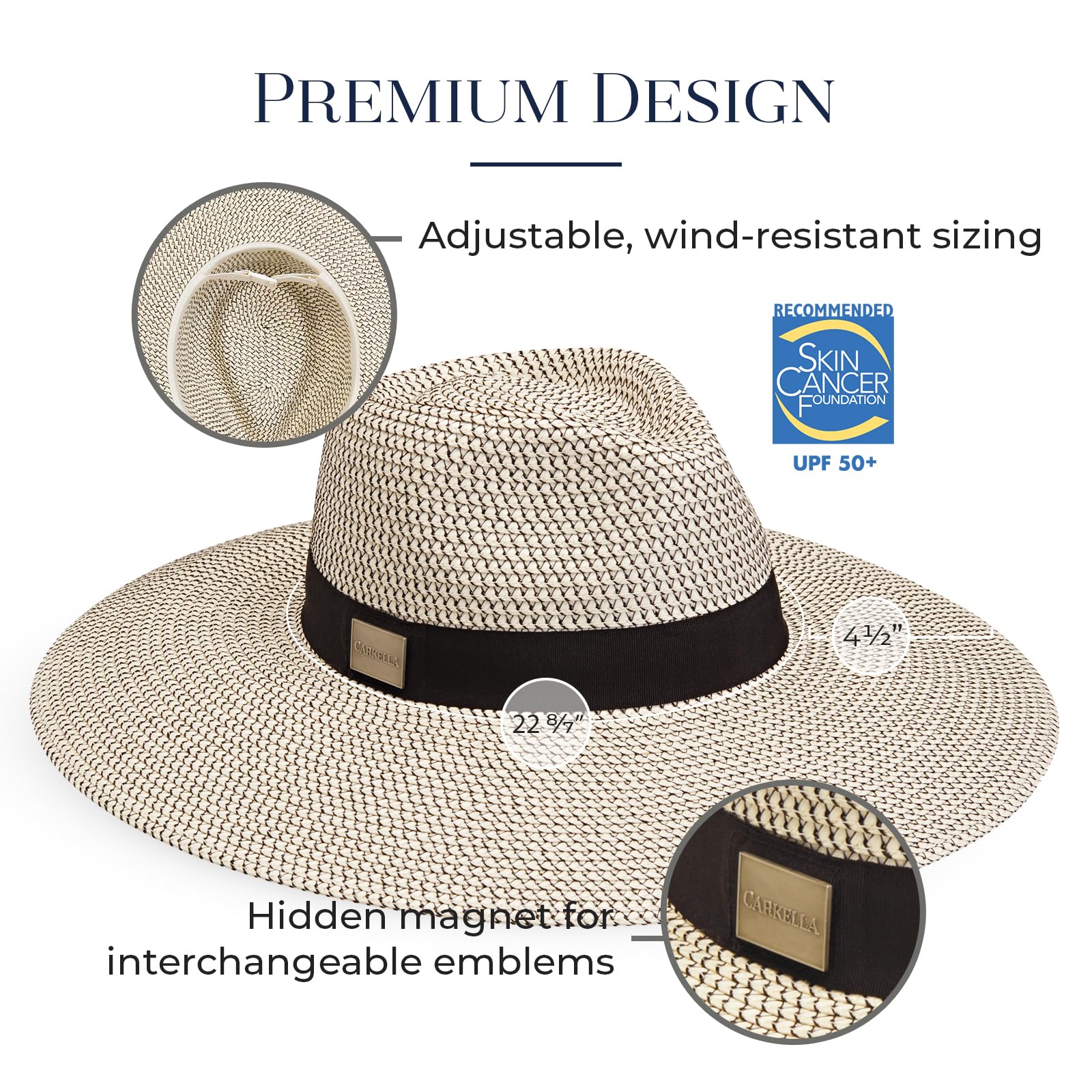 CARKELLA by Wallaroo Women’s Kerrigan Fedora – UPF 50+, Wide Brim, Packable Design, Adjustable Sizing for Medium Crown Sizes – Stylish Sun-Smart Hat for Golf, Resort and Travel (Ivory/Black)