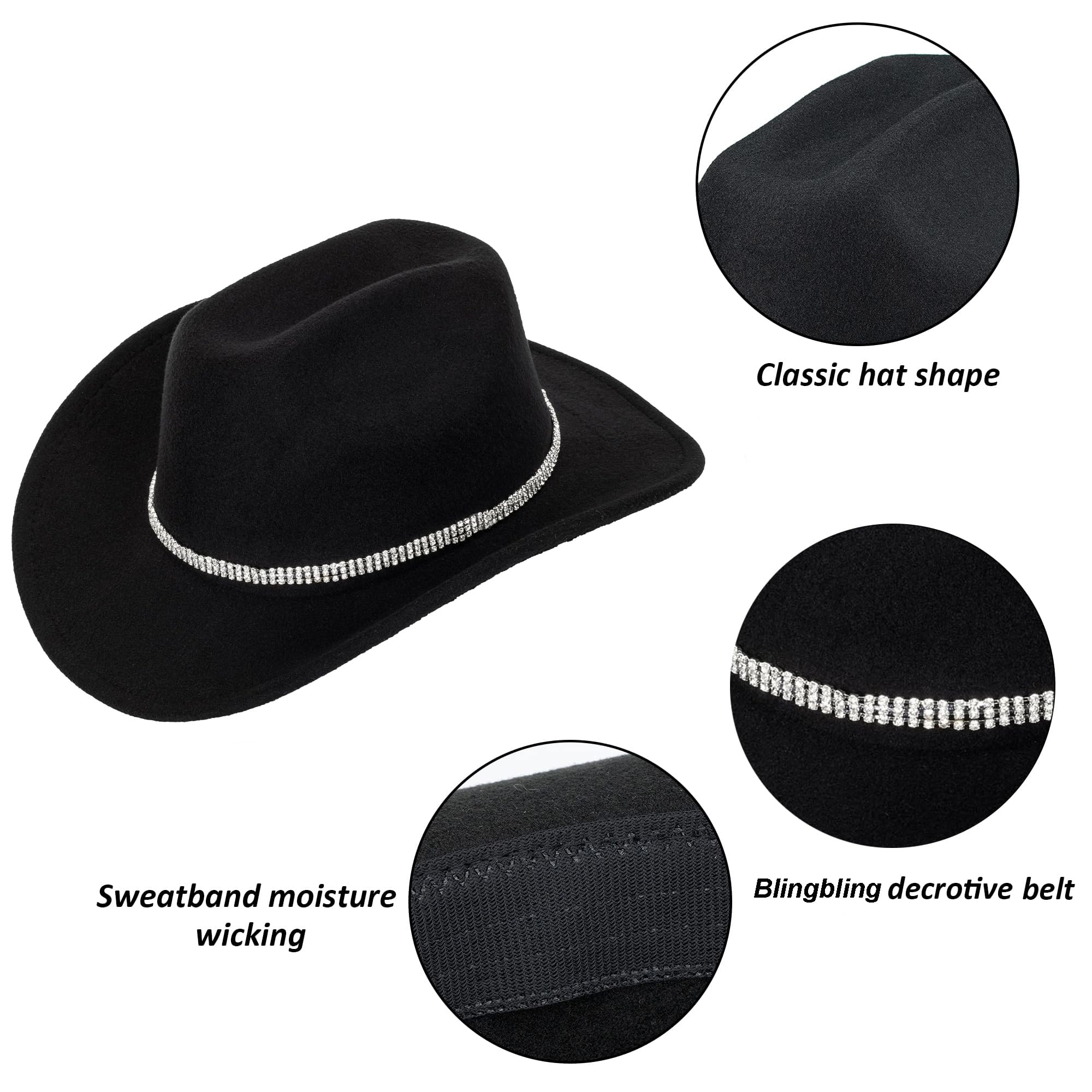 Women & Men Felt Western Cowboy Hat Classic Roll Up Brim Belt Buckle Cowgirl Fedoras (M-L)