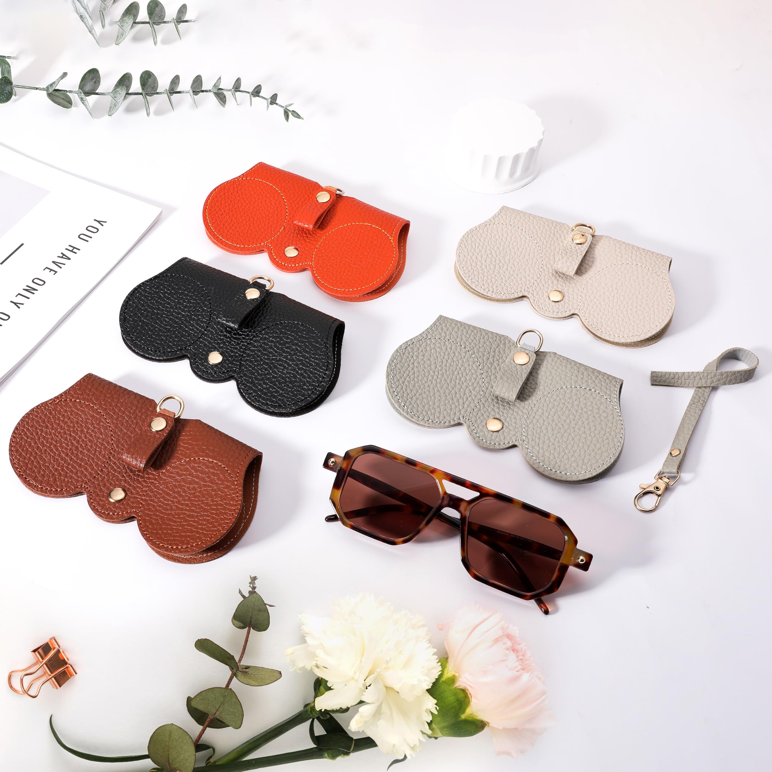 FEISEDY 2Pack Soft Leather Sunglass Bag, Holder Eyeglasses Case, Portable Glasses Pouch With Button Clip Wrist Strap B0049