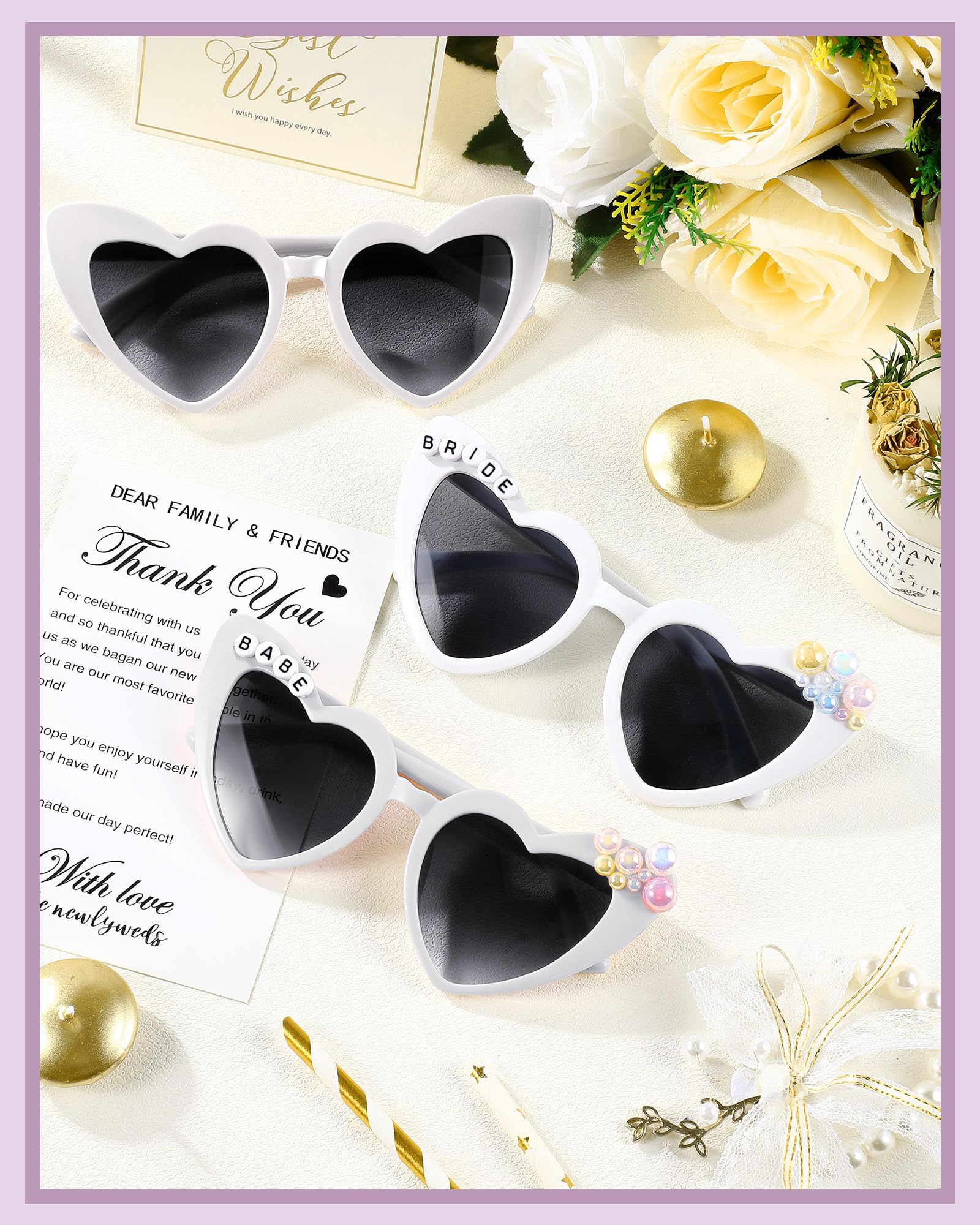 Xuhal 13 Pairs Valentines Day Heart Party Sunglass Bulk Bachelorette Glasses with DIY Letter Bead Pearl for Wedding Party(White)