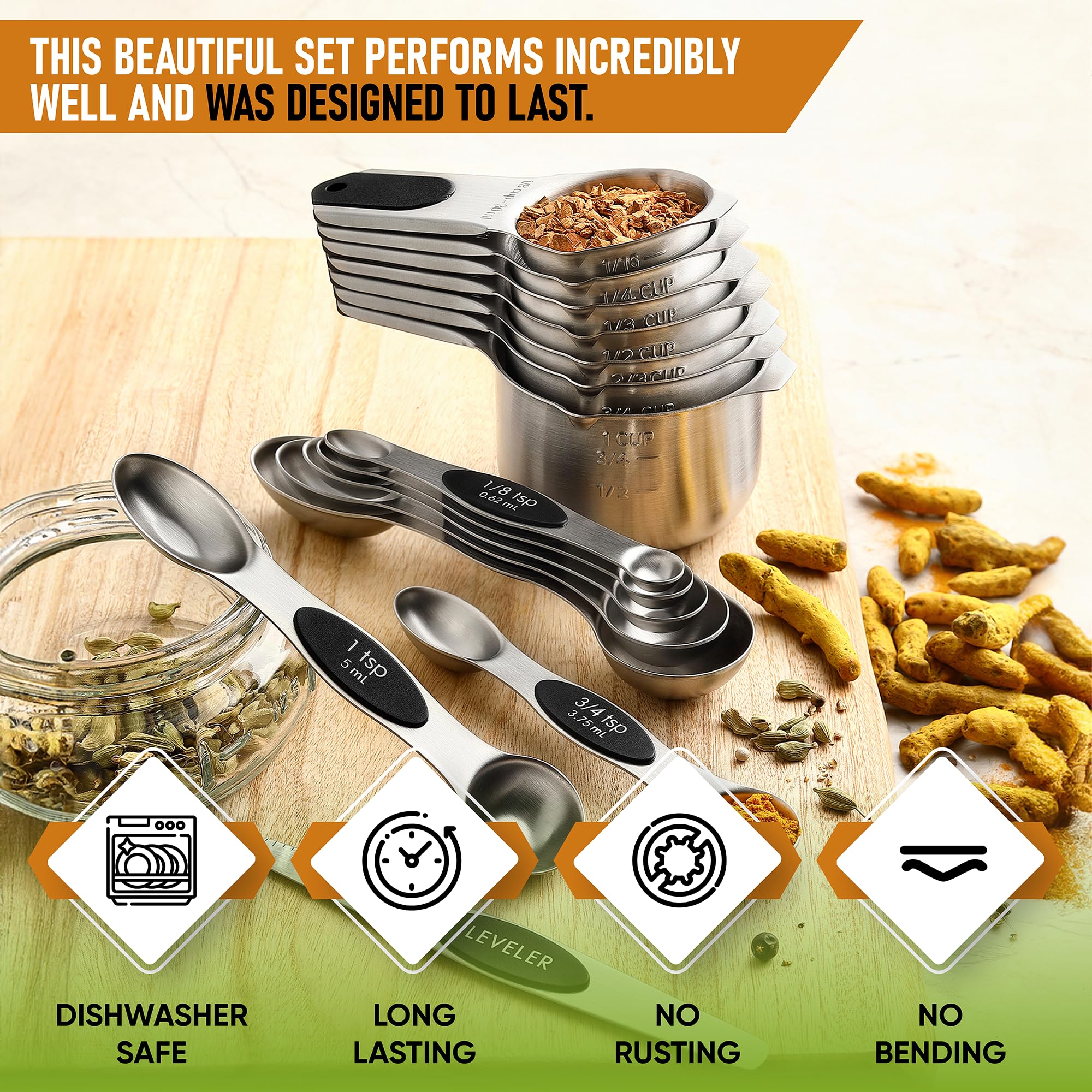 Spring Chef Magnetic Measuring Cups & Spoons Set (Patent Pending), Strong N45 Magnets, Heavy Duty Stainless Steel Fits in Spice Jars for Baking & Cooking, BPA Free, Round Set of 15 with Leveler, Black