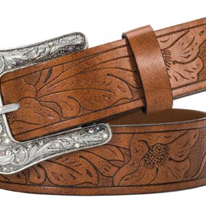 XuoAz Women Vintage-Western PU Leather Rhinestone-Buckle-Belt Cowgirl Bling-Diamond Country Waist Belts(for 33" to 38" Waist)