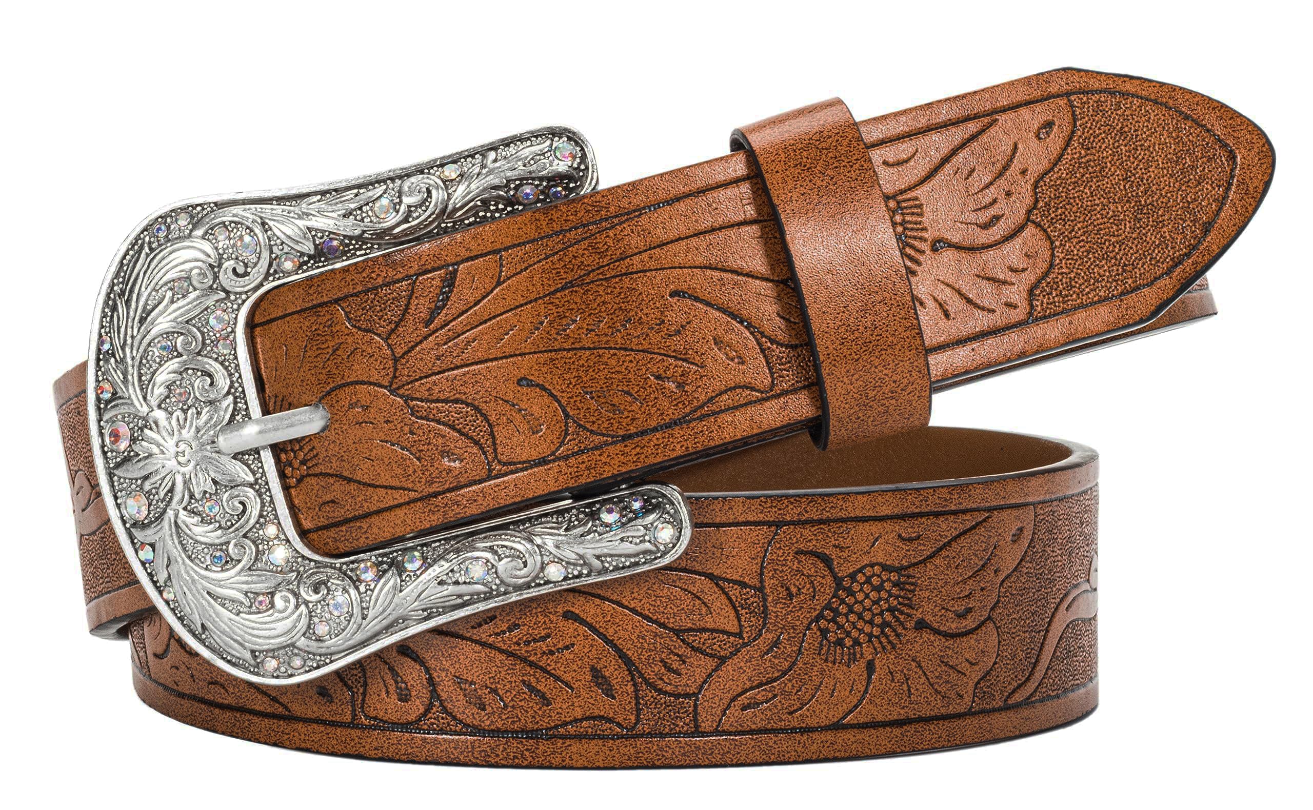 XuoAz Women Vintage-Western PU Leather Rhinestone-Buckle-Belt Cowgirl Bling-Diamond Country Waist Belts(for 33" to 38" Waist)