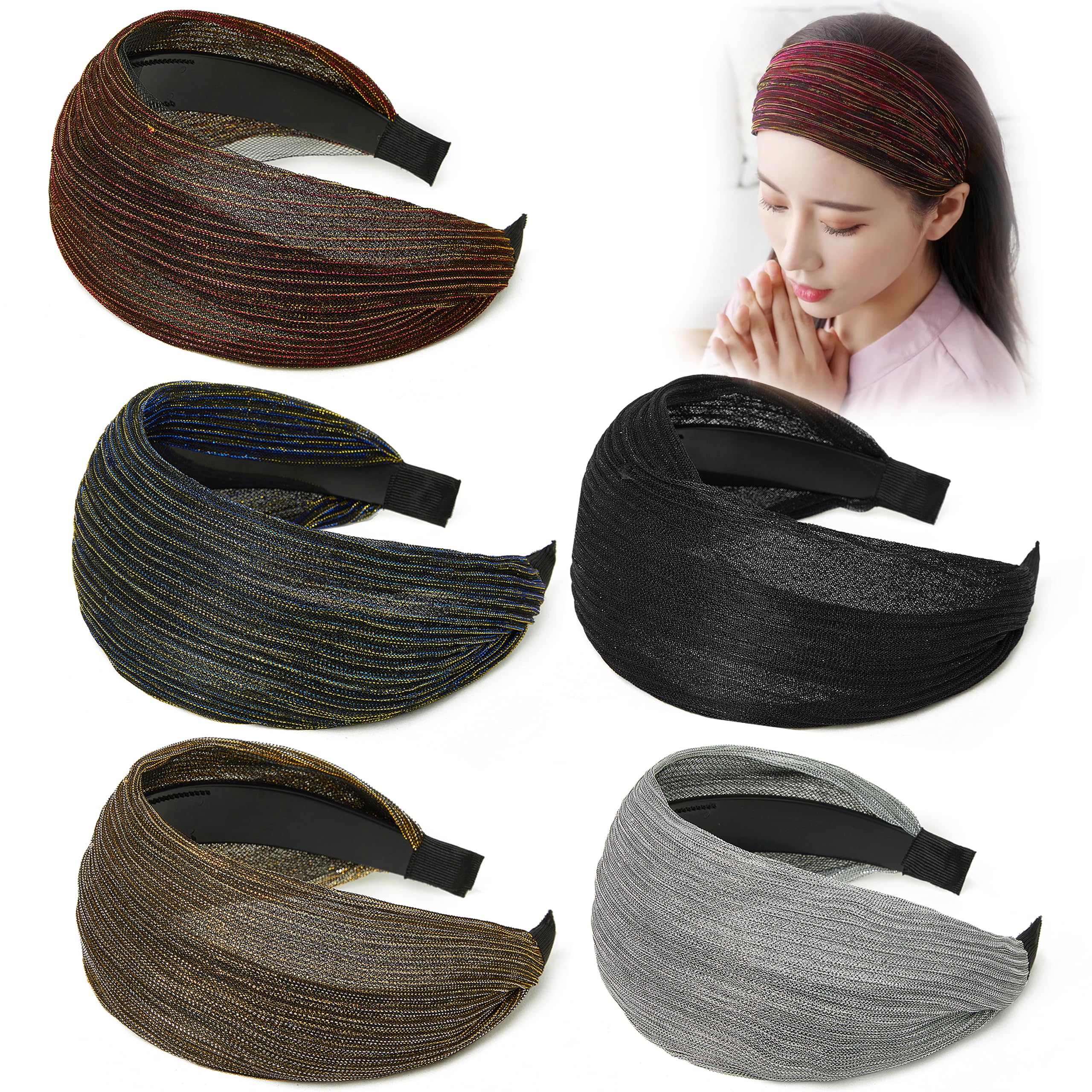 DORIS&JACKY Large Wide Lace Headbands Elegant Elastic Hairbands With Teeth Fashion Headwear Accessories For Women Girls (Pattern 2-5PCS)