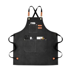 ounlen chef apron for men women canvas aprons with 3 pockets cross back resistant work apron for cooking grilling baking bbq barber kitchen (black)