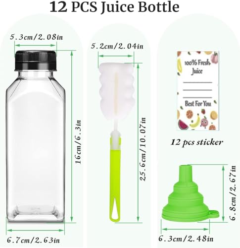 Plastic Juice Bottles with Caps 12 pcs, 12oz Reusable Juice Containers with Tamper Proof Lids Black, Clear Juice Bottles for Juicing, Milk, Smoothie, Drinking, and Other Beverages Christmas Gifts