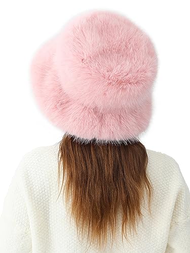 Rulala Fancy Women's Faux Fur Bucket Hats Fluffy Winter Warm Ladie's Unique Wide Brim Fisherman Cap(Pink)