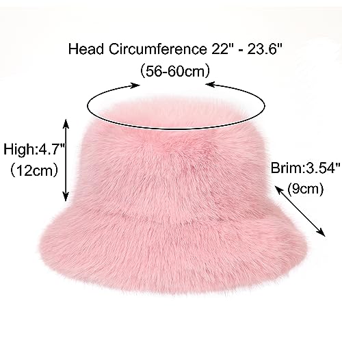 Rulala Fancy Women's Faux Fur Bucket Hats Fluffy Winter Warm Ladie's Unique Wide Brim Fisherman Cap(Pink)