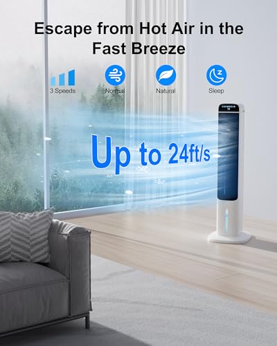 Uthfy 41" Swamp Cooler, Evaporative Air Cooler With 4 Ice Packs And Remote, 80° Oscillation 3 Speeds 3 Modes, Cooling Fan That Blow Cold Air, Bladeless Tower Fan For Bedroom Home Office