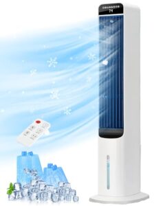 uthfy 41" swamp cooler, evaporative air cooler with 4 ice packs and remote, 80° oscillation 3 speeds 3 modes, cooling fan that blow cold air, bladeless tower fan for bedroom home office