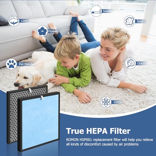 ROMON HSP001 Filter Replacements for HSP001 Smart Air Purifier, 4-in-2 Filtration Activated Carbon Pre-Filter and H13 True HEPA Filter, 2 Set