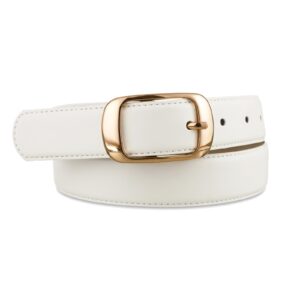 risantry womens white belts with gold buckle, white leather belts for women dressy, ladies white fashion waist belt for pants