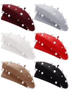 vabean wool berets pearl beaded beret cap beanie french beret hats for women sweet elegant starry pearl hat(chic color,6 pcs)