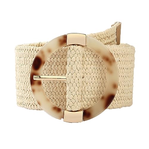 eYLun Women Straw Woven Belt Elastic Braided Stretch Waist Belt Ladies Boho Buckle Dress Buckle Belt Beige