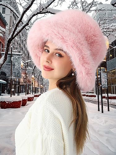 Rulala Fancy Women's Faux Fur Bucket Hats Fluffy Winter Warm Ladie's Unique Wide Brim Fisherman Cap(Pink)