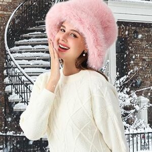 Rulala Fancy Women's Faux Fur Bucket Hats Fluffy Winter Warm Ladie's Unique Wide Brim Fisherman Cap(Pink)