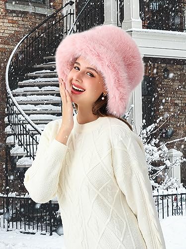 Rulala Fancy Women's Faux Fur Bucket Hats Fluffy Winter Warm Ladie's Unique Wide Brim Fisherman Cap(Pink)