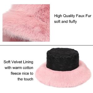 Rulala Fancy Women's Faux Fur Bucket Hats Fluffy Winter Warm Ladie's Unique Wide Brim Fisherman Cap(Pink)