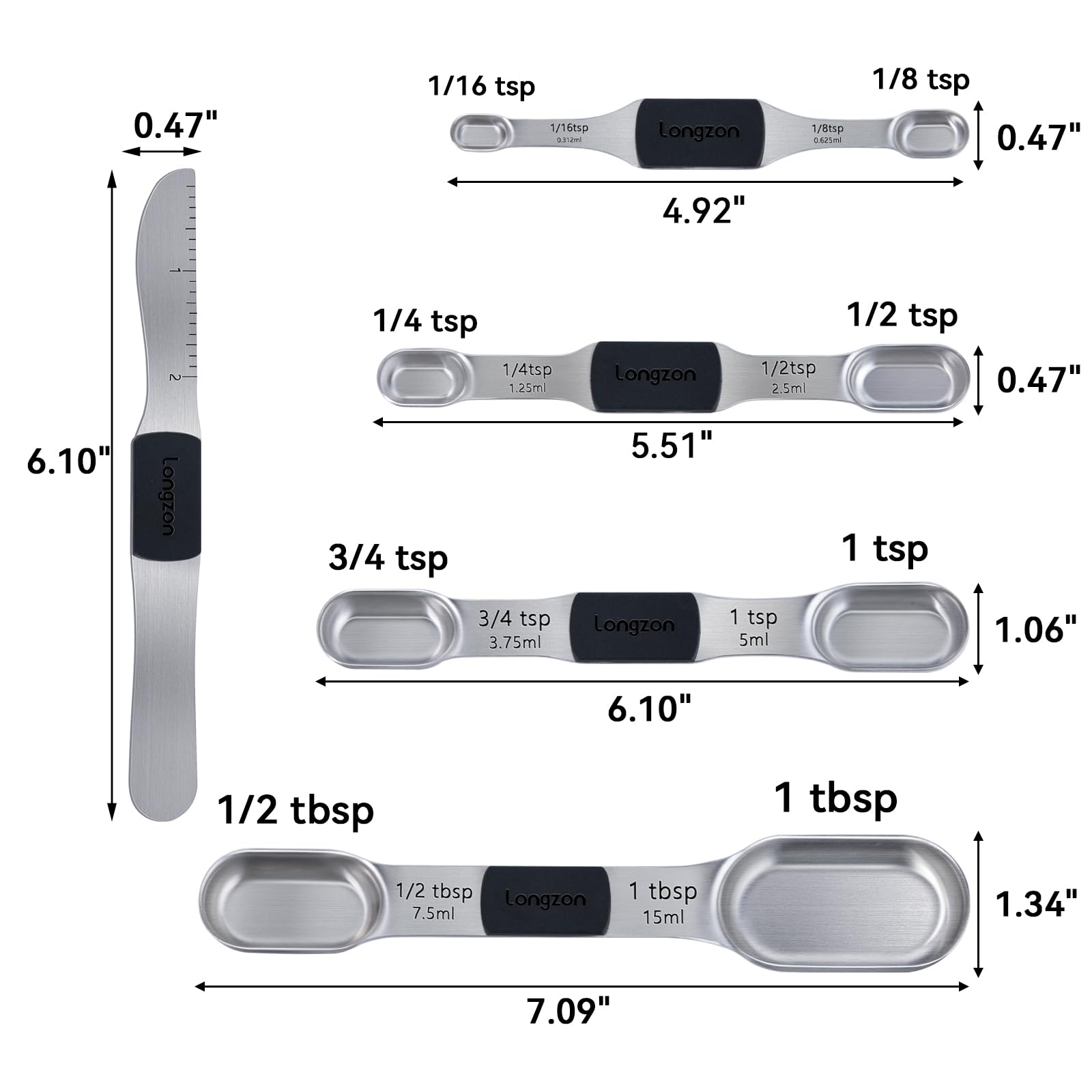 [2024 NEW] longzon 8 Full-Sized Measurements Magnetic Measuring Spoon Set with Leveler - Durable Engraved Markings, Magnetic Absorbent, Stackable Stainless Steel - Suitable for Most Spice Jars