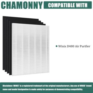 CHAMONNY D480 True HEPA Replacement Filter D4, Compatible with Winix D480 Air Purifier, Compare to Winix D4 Filter, Item Number 1712-0100-00, 1 H13 True HEPA Filters + 4 Activated Carbon Pre-Filters