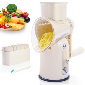 energevity manual rotary cheese grater with handle, 5 in 1 replaceable stainless blades cheese shredder,strong suction base vegetable slicer with cleaning brush & bonus storage box for blades (green)