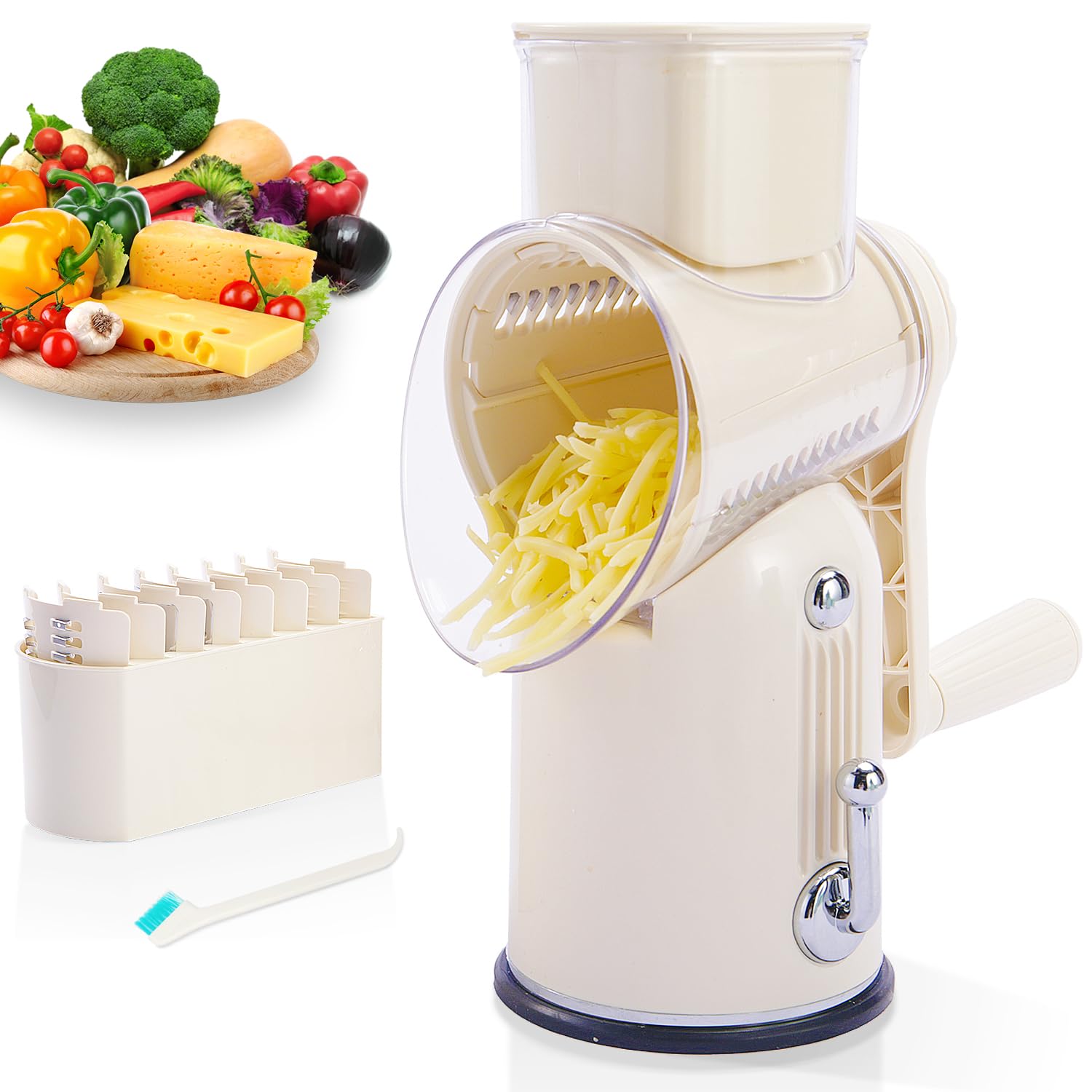 ENERGEVITY Manual Rotary Cheese Grater with Handle, 5 in 1 Replaceable Stainless Blades Cheese Shredder,Strong Suction Base Vegetable Slicer with Cleaning Brush & Bonus Storage Box for Blades (green)