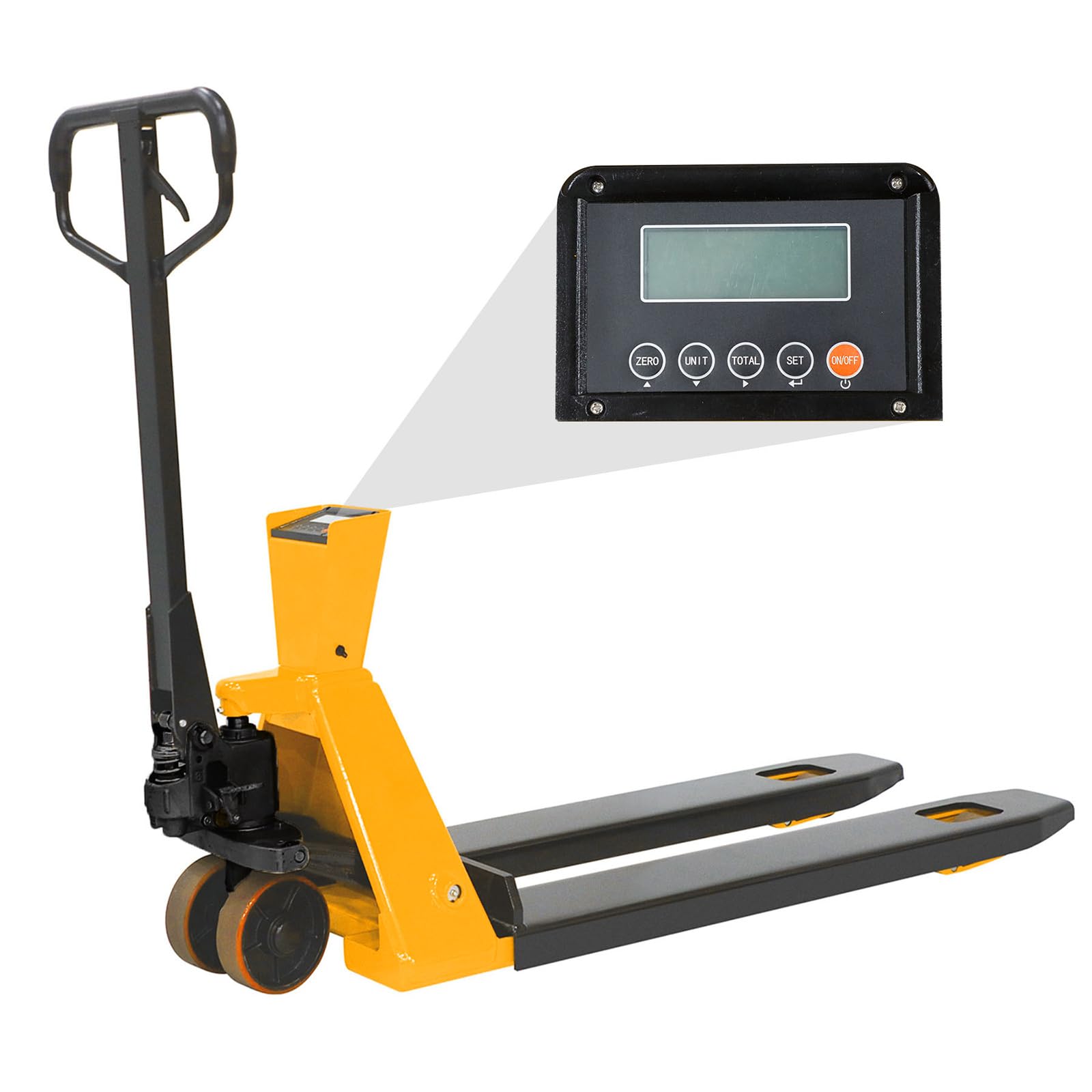 T Tory Carrier Scale Pallet Jack Digital Scale Hand Truck 4400lbs Capacity Manual Pallet Jacks 48" Lx27 W Fork Size, 1lb Readability Electronic Scale