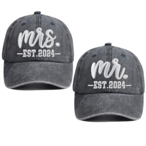 mr and mrs gifts for men women, mr. mrs. est 2024 hat, adjustable washed cotton embroidered matching hats for couples baseball cap, engagement wedding newlyweds outfits just married honeymoon (2pcs)