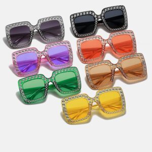 IKANOO Oversized Crystal Sunglasses for Women Square Thick Frame Bling Rhinestone Elton John Sparkling Glasses (Purple)