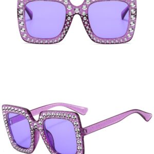 IKANOO Oversized Crystal Sunglasses for Women Square Thick Frame Bling Rhinestone Elton John Sparkling Glasses (Purple)