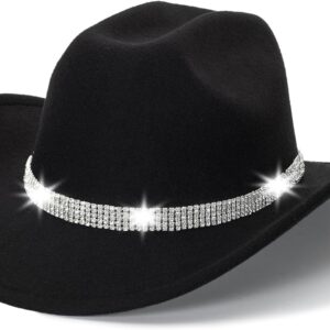 Five Rows Rhinestones-Cowboy-Cowgirl-Hat - Roll Wide Brim Western-Hat for Wedding Music Costume Party (Fit for M-L) Black