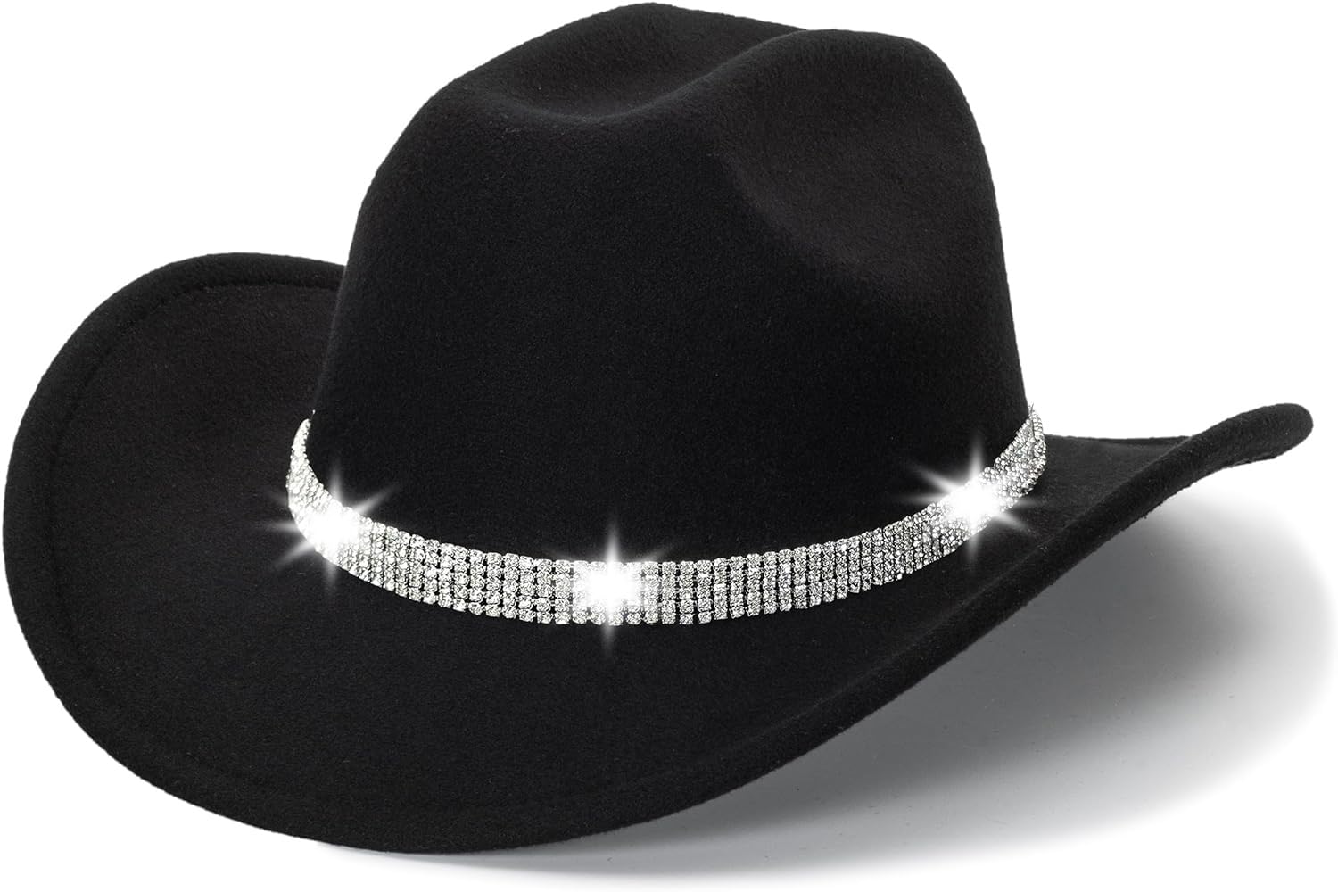 Five Rows Rhinestones-Cowboy-Cowgirl-Hat - Roll Wide Brim Western-Hat for Wedding Music Costume Party (Fit for M-L) Black