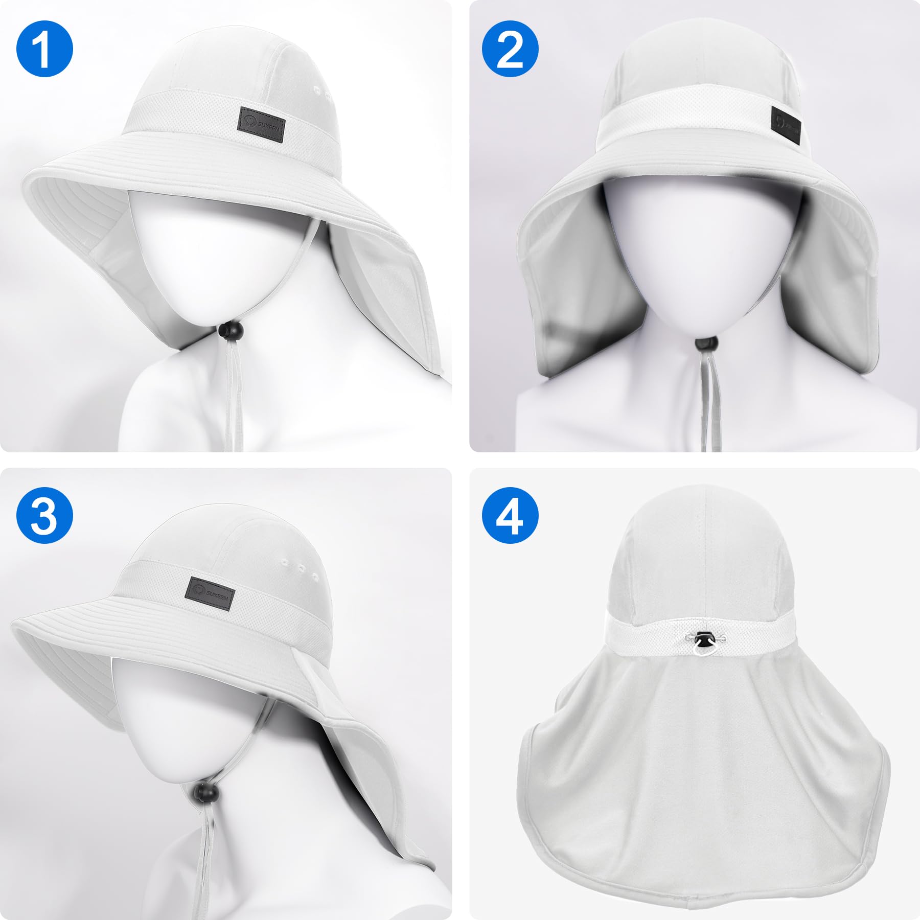 Sukeen Cooling Sun Hat for Men Women UPF50+ Wide Brim Fishing Hat with Neck Flap Adjustable Foldable Bucket Hat for Hiking White