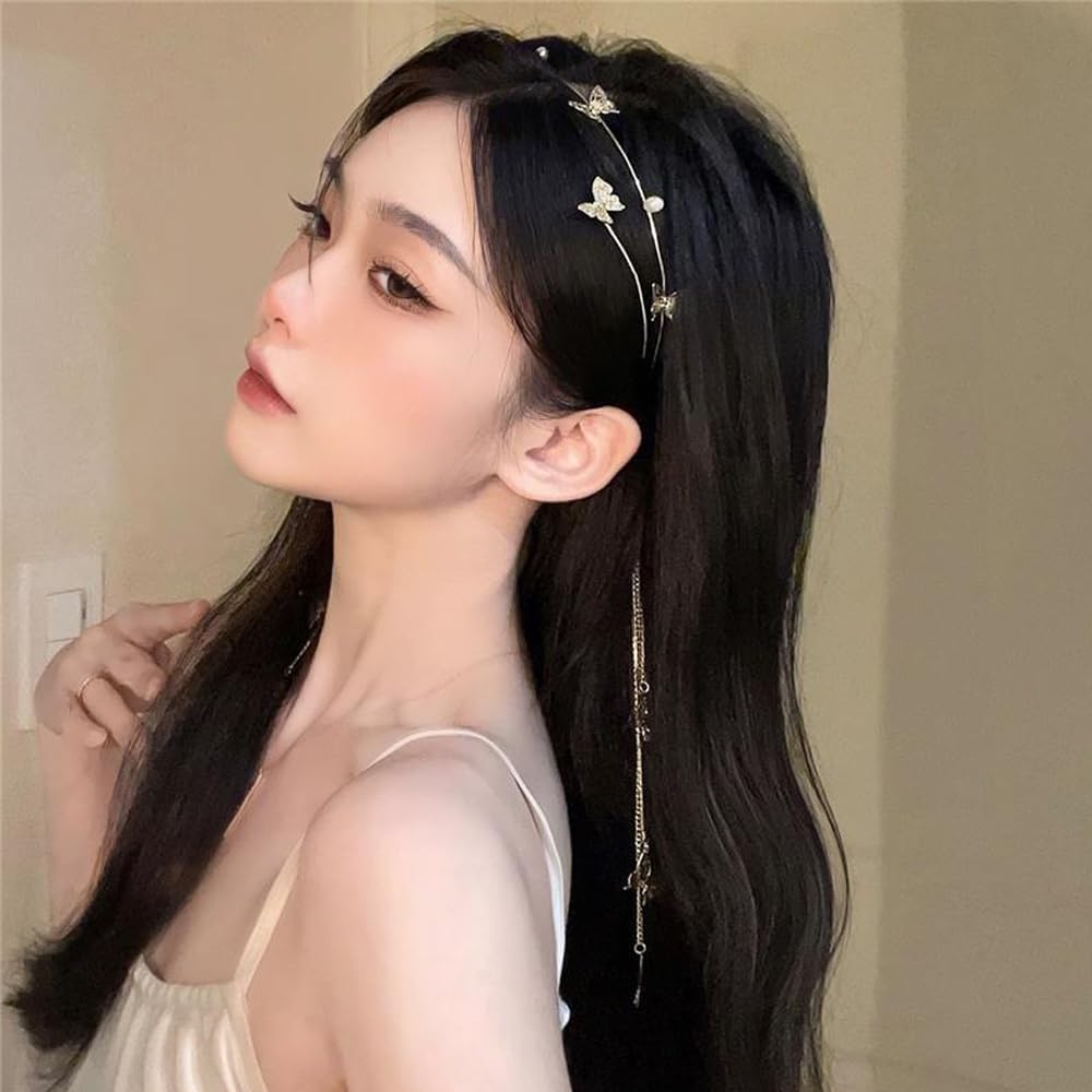 Gold Wedding Butterfly Headband Crystal Tassel Headband for Women Sparkly Rhinestone Fake Earrings Hair Chain Hairhoop Hair Accessories for Women and Girls