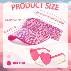 Sparkling Rhinestone Visor Hat for Women, Adjustable Sun Visor with Heart Party Sunglasses, Perfect for Golf, Disco, and Cowgirl Style (Hot Pink)