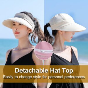 Peicees Zip-Off Wide Brim Visor Hat for Women Packable Sun Hat for Golf Hiking Gardening UV Protection Summer Beach Hat Beige