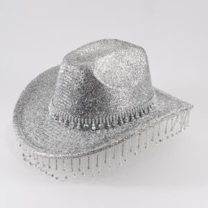 QWINEE Cowboy Hat for Adult Wide Brim Solid Color Western Cowboy Hat with Fringed Rhinestone Novelty Funny Party Cowgirl Hat Silver one-Size