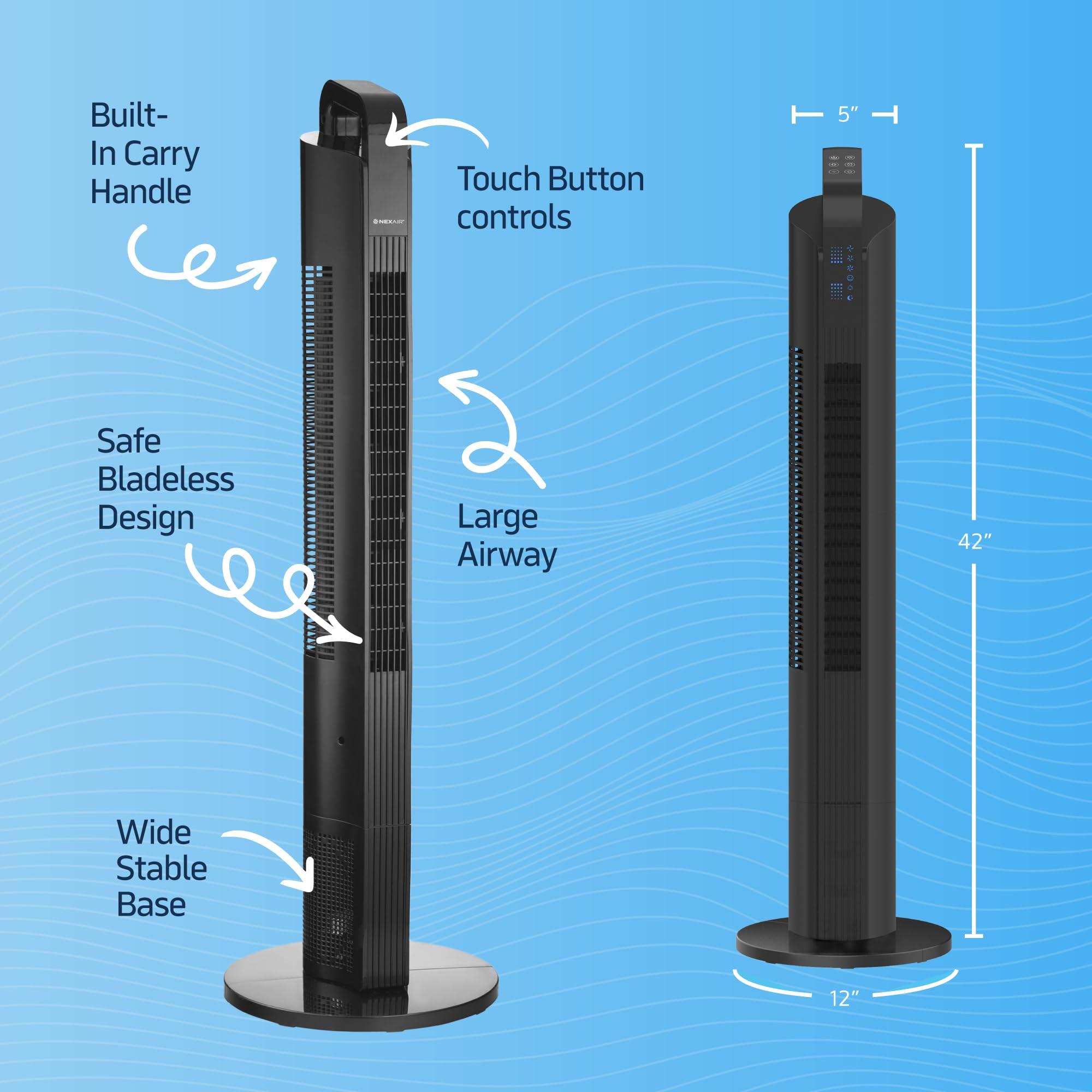 NEXAIR 42” Oscillating Tower Fan, 3 Speed Portable Fan Tower With Remote Control, Quiet Operating Floor Fan for Bedroom with 7.5 Hr Auto Off Timer, Modern Design Room Cooling Fan For Home & Office