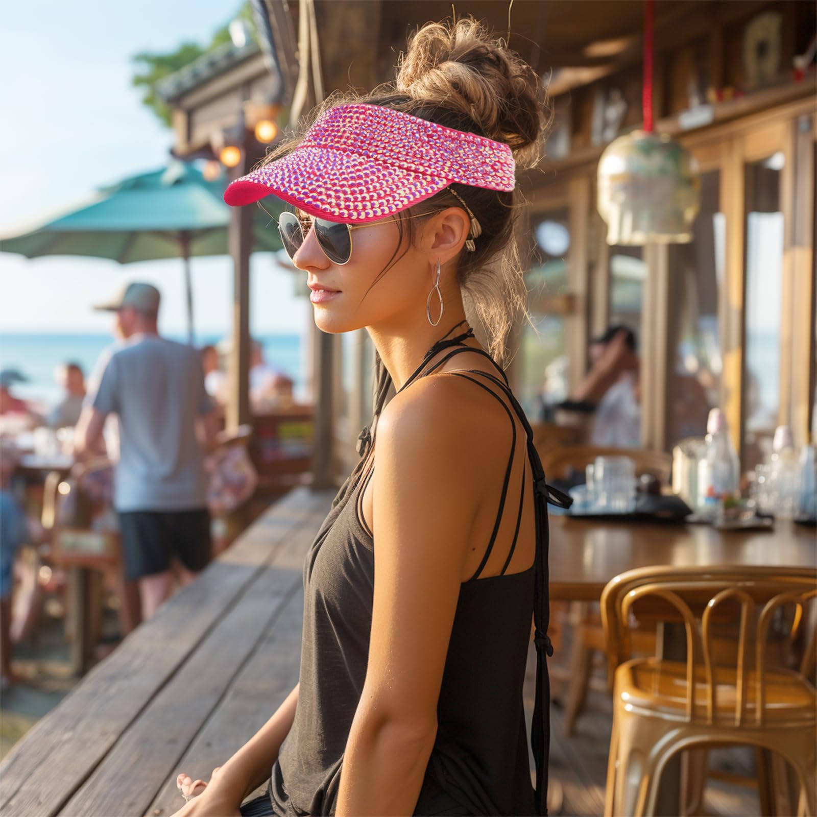 Sparkling Rhinestone Visor Hat for Women, Adjustable Sun Visor with Heart Party Sunglasses, Perfect for Golf, Disco, and Cowgirl Style (Hot Pink)