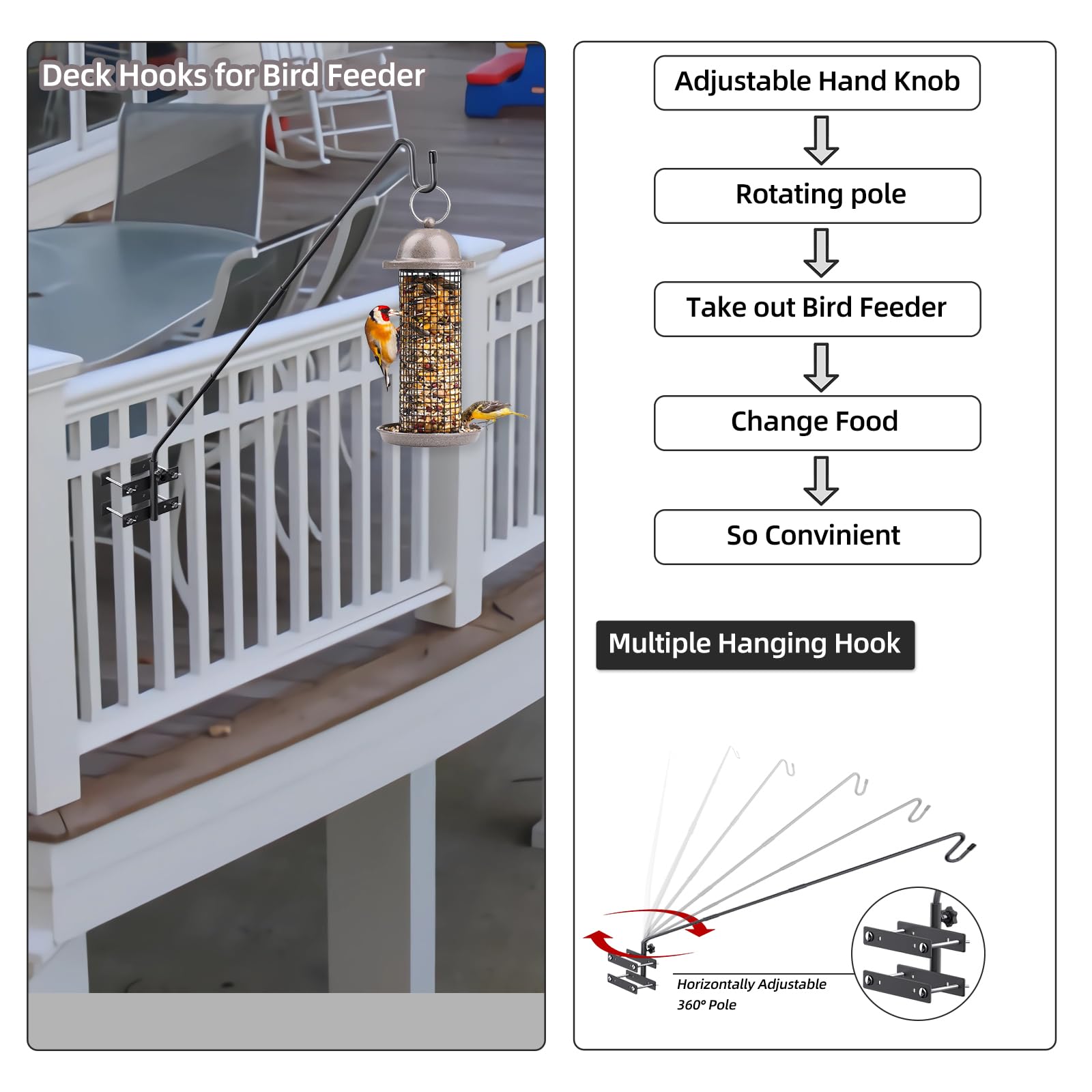 Damukoo Deck Hook-Deck Railing Plant Hanger Outdoor,Bird Feeder Hanger for Deck Railing, Fence Shepherds Hooks Bracket for Hanging Hummingbird Feeder,Planter,Flower Baskets-360°Rotating Pole