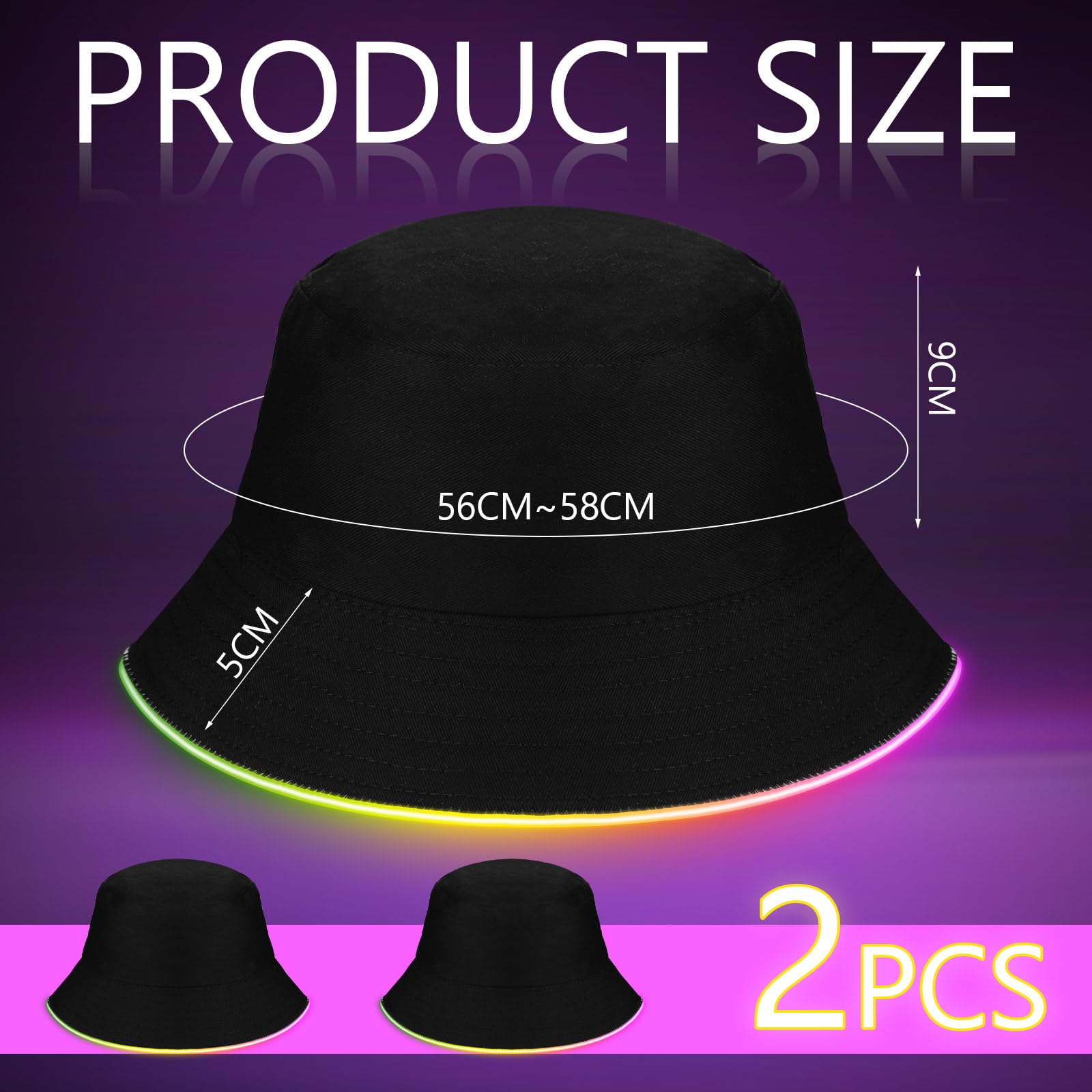 Chuarry 2 Pcs LED Light up Bucket Hat Set LED Light up Bucket Hat LED Bucket Hat for Men and Women Unisex (Black, Neon)