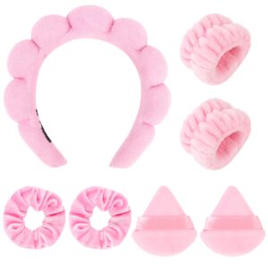 Araluky Spa Headband Set, 7Pcs Puffy Terry Cloth Headband and Wristband for Skincare, Makeup, Yoga, Shower, Spa Party, Sleepover Party, Pink