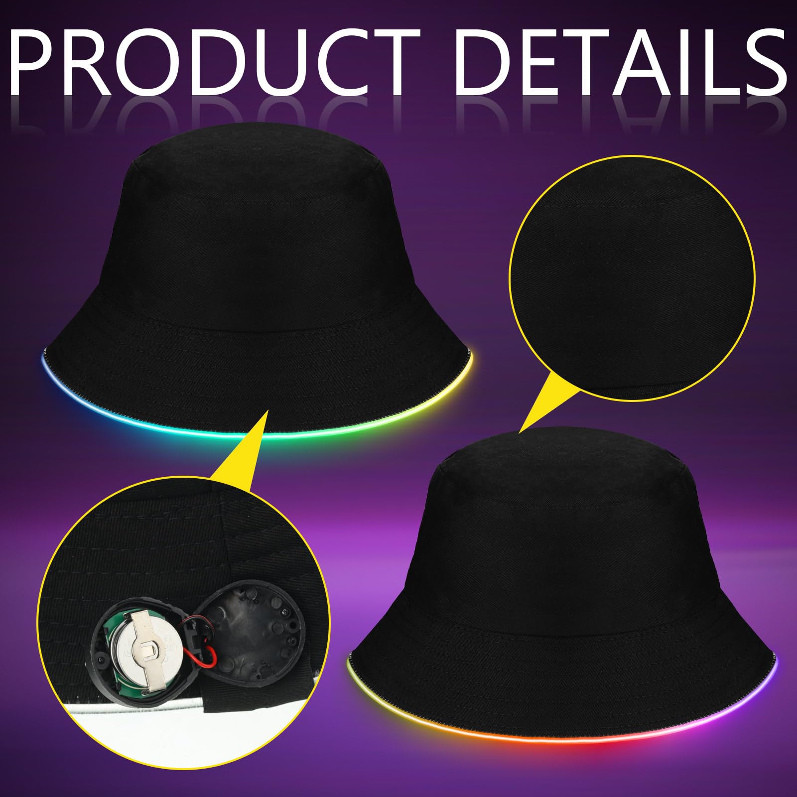 Chuarry 2 Pcs LED Light up Bucket Hat Set LED Light up Bucket Hat LED Bucket Hat for Men and Women Unisex (Black, Neon)