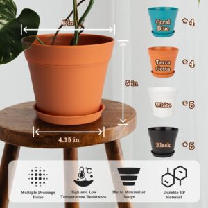 Monoture 18Pack 6in Plant Pots with Drainage Holes and Tray,Flower Pots for Indoor Plants Home Decor,Large Planters for Outdoor Plants-Monstera、Aloe、Cactus,Plastic Nursery Pots for Planting MixedColor