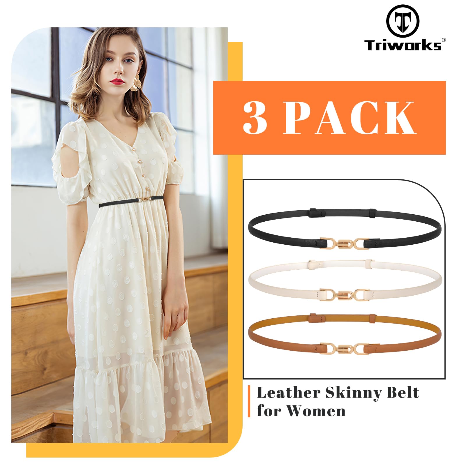 TRIWORKS 3 Pack Women Skinny Leather Belt Adjustable Thin Waist Belts with Alloy Buckle for Dresses Black/Beige/Brown