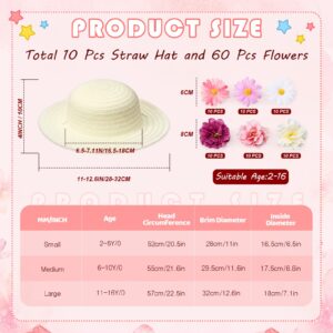 Mepase 70 Pcs DIY Straw Hat with Flower Girls Tea Party Straw Hat 10 Straw Hat 60 Airtificial Flower Cowboy Kids Dress Up Hat (Colorful,Small (Age 2-5))