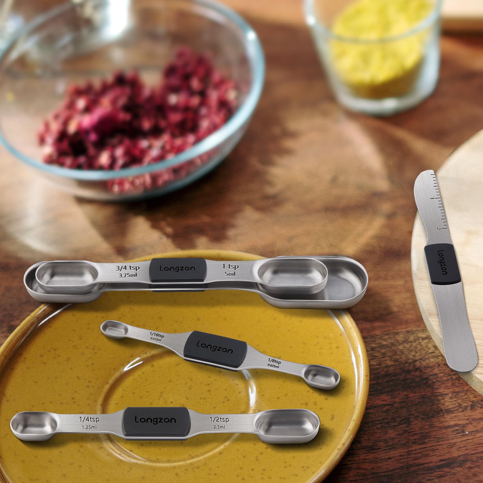 [2024 NEW] longzon 8 Full-Sized Measurements Magnetic Measuring Spoon Set with Leveler - Durable Engraved Markings, Magnetic Absorbent, Stackable Stainless Steel - Suitable for Most Spice Jars