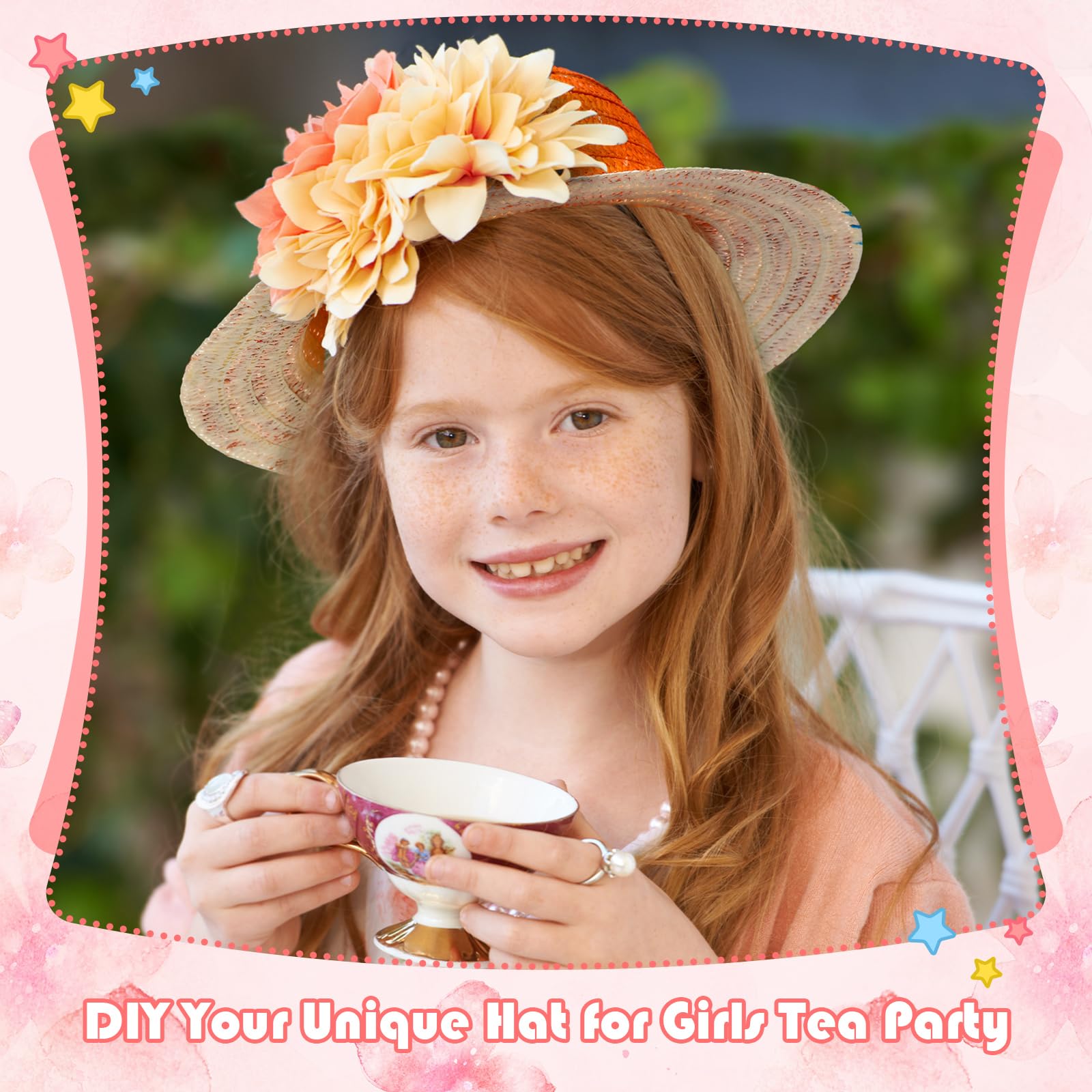 Mepase 70 Pcs DIY Straw Hat with Flower Girls Tea Party Straw Hat 10 Straw Hat 60 Airtificial Flower Cowboy Kids Dress Up Hat (Colorful,Small (Age 2-5))