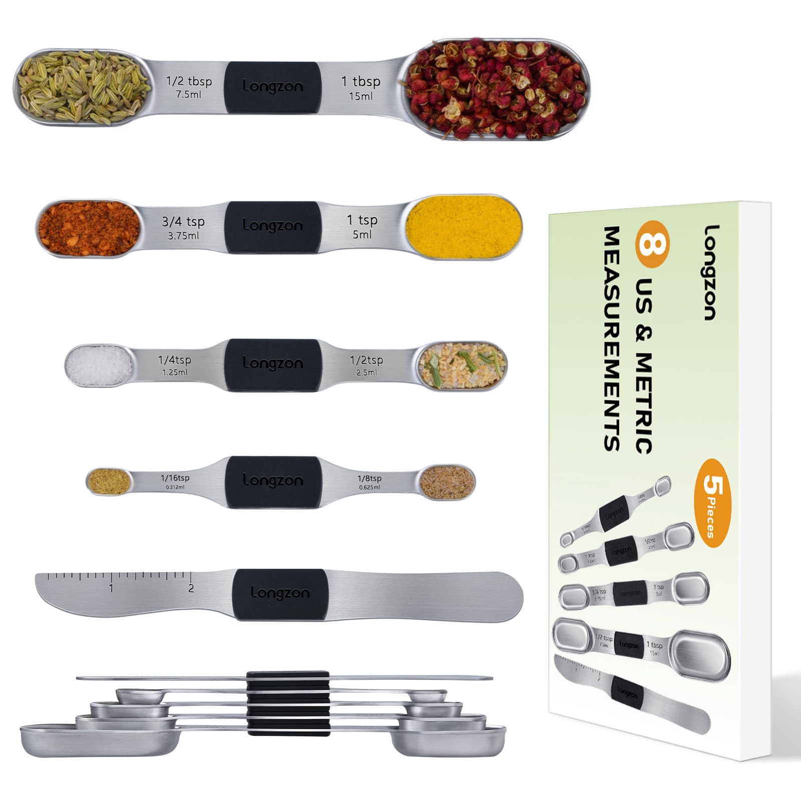 [2024 NEW] longzon 8 Full-Sized Measurements Magnetic Measuring Spoon Set with Leveler - Durable Engraved Markings, Magnetic Absorbent, Stackable Stainless Steel - Suitable for Most Spice Jars